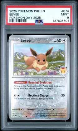 2025 POKEMON PRE EN-PRISMATIC EVOLUTIONS POKEMON DAY 2025 #074 EEVEE PSA 9 - Image 1