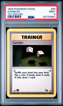 PSA 9 MINT 1999 POKEMON FOSSIL #60 GAMBLER 1ST EDITION ENGLISH - Image 1