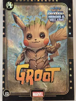 Pokemon HEROES & VILLAINS PIKACHU AS MARVEL GROOT E3 NM RARE Gold Holo Chase - Image 1