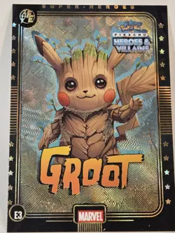 Pokemon HEROES & VILLAINS PIKACHU AS MARVEL GROOT E3 NM RARE Gold Holo Chase - Image 2