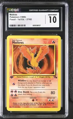 CGC 10 GEM MINT Moltres 1999 Fossil 1st Edition 27/62 Pokemon Card - Image 1