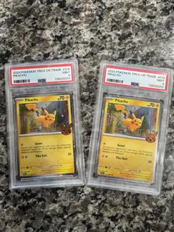 PIKACHU TWO GRADED CARDS TOTAL 2024 TRICK OR TRADE #018 HOLO SWIRL BOTH PSA 9 - Image 1