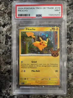 PIKACHU TWO GRADED CARDS TOTAL 2024 TRICK OR TRADE #018 HOLO SWIRL BOTH PSA 9 - Image 2