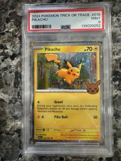 PIKACHU TWO GRADED CARDS TOTAL 2024 TRICK OR TRADE #018 HOLO SWIRL BOTH PSA 9 - Image 3