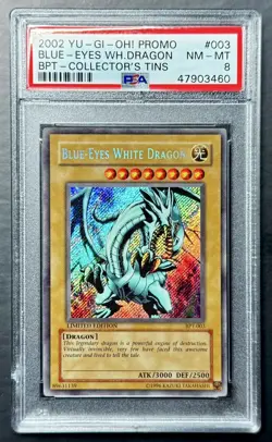 2002 Yugioh Collector's Tins BLUE-EYES WHITE DRAGON BPT-003 Secret Rare PSA 8 - Image 1