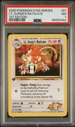 TCG 2000 Pokemon GYM HEROES Non-Holo 1ST Edition Cd LT SURGE'S RATICATE 51 PSA 7 - Image 1