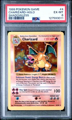 1999 POKEMON BASE SET SHADOWLESS #4 CHARIZARD-HOLO PSA 6 - Image 1