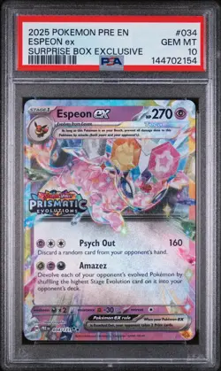 2025 Pokemon Prismatic Evolutions #034 Espeon Ex Surprise Box Exclusive PSA 10 - Image 1