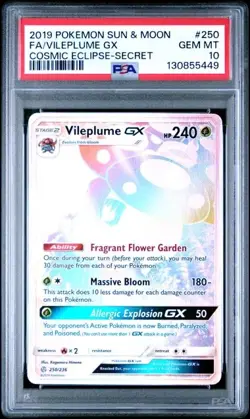 Pokemon Vileplume GX Cosmic Eclipse Secret Rare Full Art #250 PSA 10 Gem Mint - Image 1