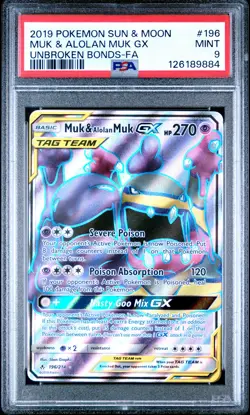 2019 POKEMON SUN & MOON UNBROKEN BONDS #196 FULL ART/MUK & ALOLAN MUK GX PSA 9 - Image 1