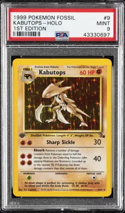 1999 POKEMON FOSSIL 1ST ED #9 KABUTOPS-HOLO PSA 9 - Image 1