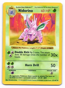 Nidorino 37/102 Uncommon Base Set Pokemon Shadowless HP - Image 1