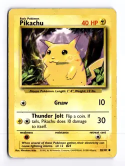 Pikachu 58/102 Base Set Unlimited Common Pokemon Heavy Play+ - Image 1