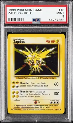 1999 POKEMON BASE SET UNLIMTIED #16 ZAPDOS-HOLO PSA 9 - Image 1