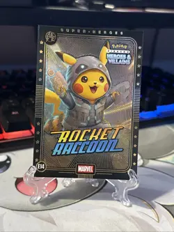 Rocket Racoon (Pikachu) #E14 Green Holo - Heros & Villains Flash Edition Pokemon - Image 1