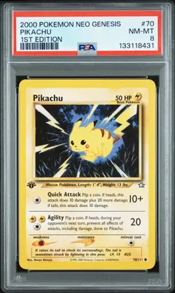 POKEMON 1st Edition Neo Genesis PIKACHU 70/111 Common PSA 8 Clean Mint - Image 1
