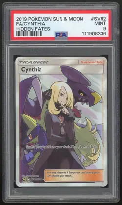2019 Pokemon Sun & Moon Hidden Fates Cynthia Full Art Trainer SV82 PSA 9 - Image 1