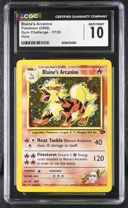 CGC 10 GEM MINT Blaine's Arcanine 2000 Gym Challenge 1/132 Holo Pokemon Card - Image 1