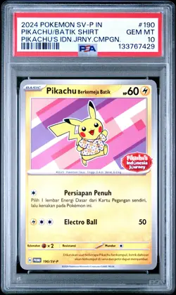 2024 POKEMON INDONESIAN JOURNEY CAMPAIGN #190 PIKACHU IN BATIK SHIRT PSA 10 - Image 1