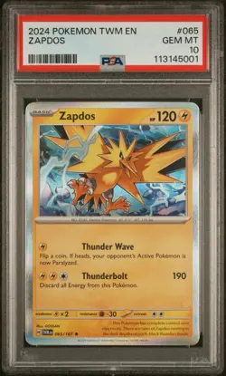 Pokemon TCG 2024 TWM EN Zapdos Reverse Holo #065 PSA 8 - Image 1
