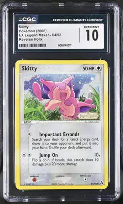 CGC 10 Skitty 2006 EX Legend Maker 64/92 Reverse Holo Stamped Pokemon Card - Image 1
