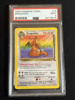 1999 POKEMON FOSSIL #19 DRAGONITE PSA 9 NM+ Pokemon Card Graded Slab - Image 1