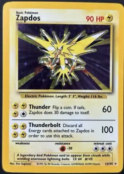 Pokemon Zapdos Base Set Holo Rare Card 16/102 WOTC 1999 Vintage NM/LP - Image 1