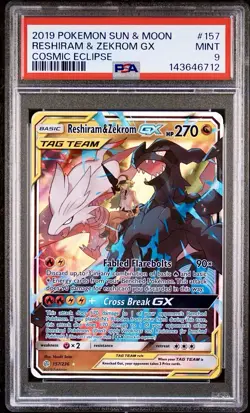 2019 POKEMON SUN & MOON COSMIC ECLIPSE #157 RESHIRAM & ZEKROM GX STRONG* PSA 9 - Image 1