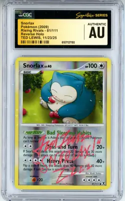 CGC Authentic Signed Ted Lewis Pokemon Snorlax 81/111 Rising Rivals Reverse Holo - Image 1