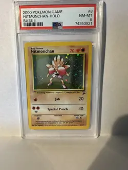 PSA 8 Hitmonchan 8/130 Pokemon Base Set 2 Holo Rare TCG NM - Image 1