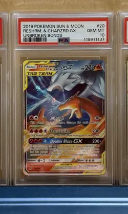 2019 POKEMON SUN & MOON UNBROKEN BONDS #20 RESHIRAM & CHARIZARD GX PSA 10 - Image 1