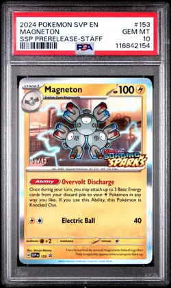 2024 POKEMON STAFF PROMO SURGING SPARKS MAGNETON #153 SSP PRERELEASE PSA 10! - Image 1