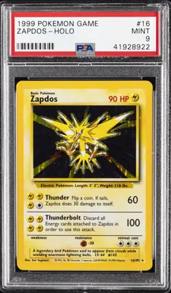 1999 POKEMON BASE SET UNLIMTIED #16 ZAPDOS-HOLO PSA 9 - Image 1