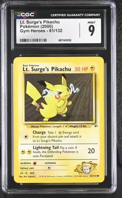 CGC 9 MINT Lt. Surge's Pikachu 2000 Gym Heroes 81/132 Pokemon Card - Image 1