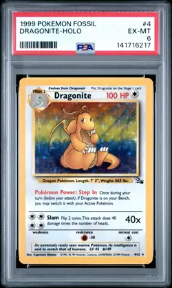 1999 POKEMON FOSSIL #4 DRAGONITE-HOLO PSA 6 - Image 1