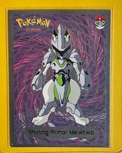 💥 Shiny Mewtwo ARMOR Pokemon Vintage Art CARD Metallic Foil Collectible NM💥 - Image 1