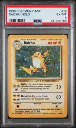 1999 POKEMON GAME #14 RAICHU-HOLO PSA 6 - Image 1