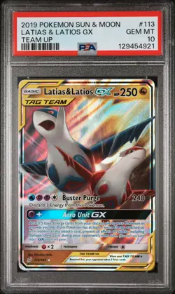 2019 POKEMON SUN & MOON TEAM UP #113 LATIAS & LATIOS GX PSA 10 - Image 1