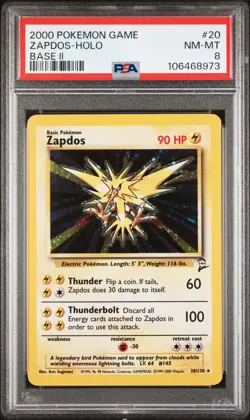 2000 Pokemon Game Base Ii #20 Zapdos-Holo PSA 8 - Image 1