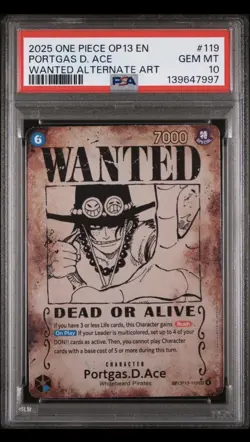 One Piece Portgas D. Ace Wanted Poster OP13-119 Error text PSA 10 - Image 1