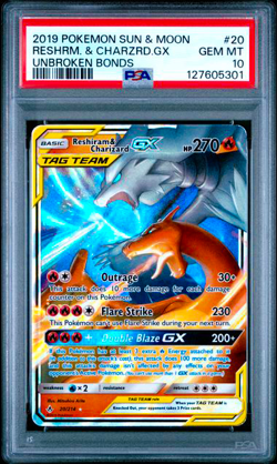 PSA 10 GEM MINT Pokemon Reshiram & Charizard GX Unbroken Bonds Tag Team 20/214 - Image 1