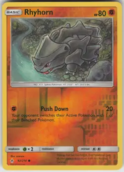 Rhyhorn (92) Reverse Holo 92/214 Common SM - Unbroken Bonds Pokemon - Image 1