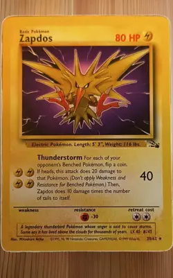 Pokemon Zapdos Fossil Rare Card HP 80 Thunderstorm 30/62 Regular Unlimited 1999 - Image 1