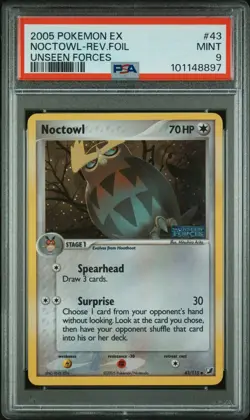 2005 Pokemon EX Unseen Forces PSA 9 MINT Noctowl 43/115 REVERSE HOLO FOIL RARE - Image 1