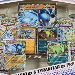 Pokemon Prismatic Evolutions Lucario Ex & Tyranitar Ex Premium Collection New - Image 3