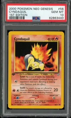 PSA 10 Cyndaquil 1st Edition Neo Genesis 56/111 Pokemon Card - Image 1
