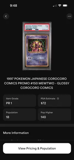 1997 POKEMON JPN COROCORO COMICS PROMO #150 MEWTWO-GLOSSY PSA 1 - Image 3