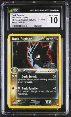 CGC 10 Dark Pupitar Team Rocket Returns 41/109 Reverse Holo STAMPED Pokemon Card - Image 1