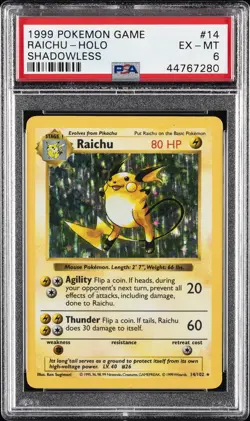 1999 POKEMON BASE SET SHADOWLESS #14 RAICHU-HOLO PSA 6 - Image 1
