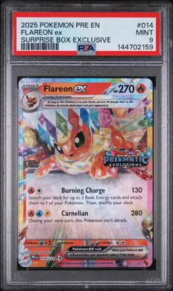 2025 Pokemon Prismatic Evolutions #014 Flareon Ex Surprise Box Exclusive PSA 9 - Image 1
